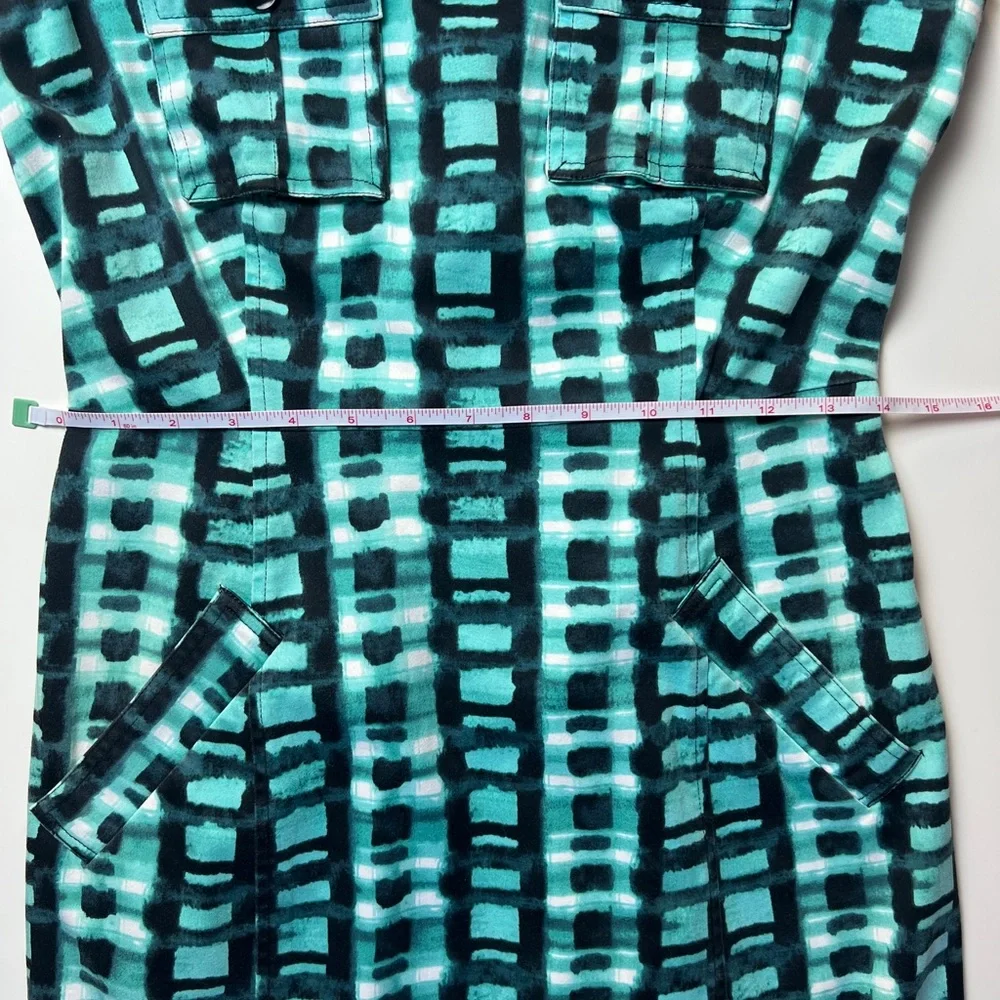 Marvin Richards Cotton Sheath Dress Teal Abstract Print Utility Pockets Size 4 - Picture 11 of 13